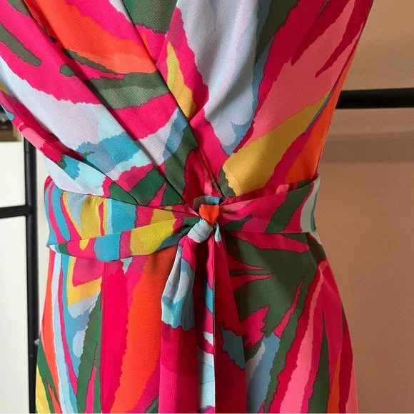 Vince Camuto Pink Tropical Print Wrap Midi Beach Vacation Wedding Event Dress - Picture 8 of 13